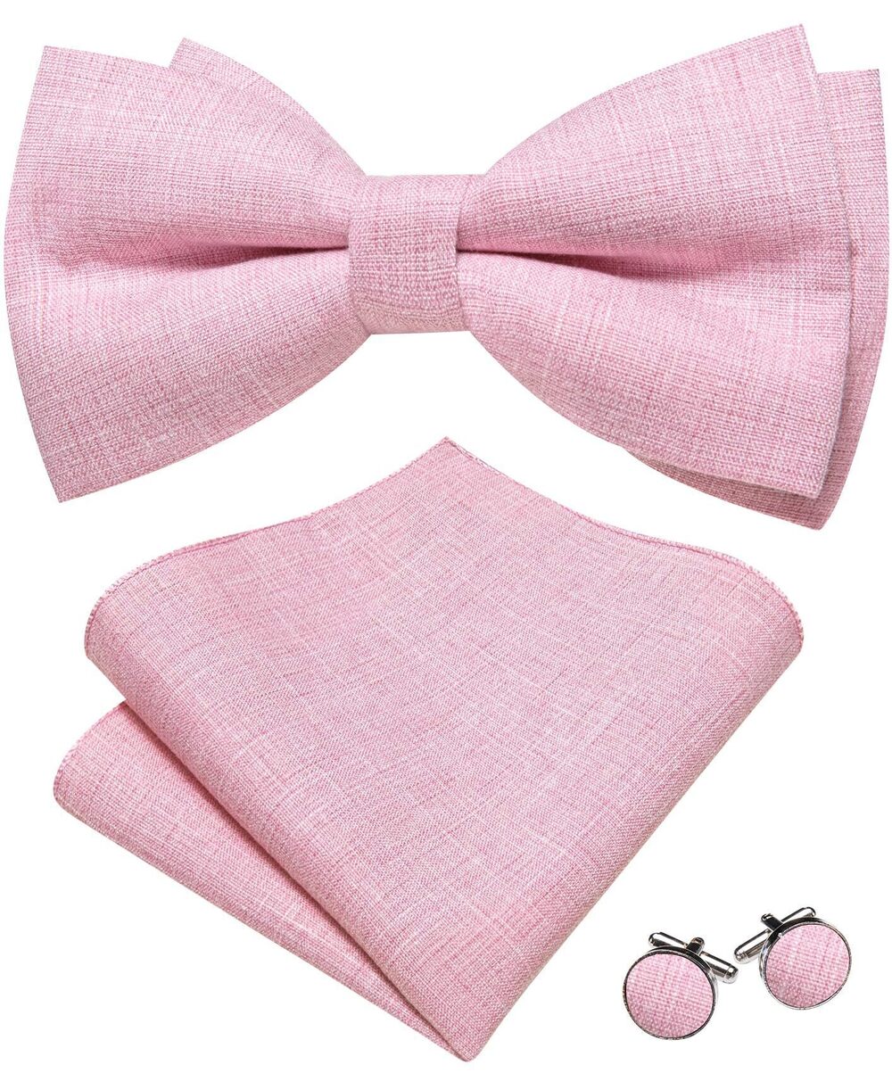 2575 Pink Bow Ties Cotton Linen Pre-tied Bow Tie Set with Handkerchief